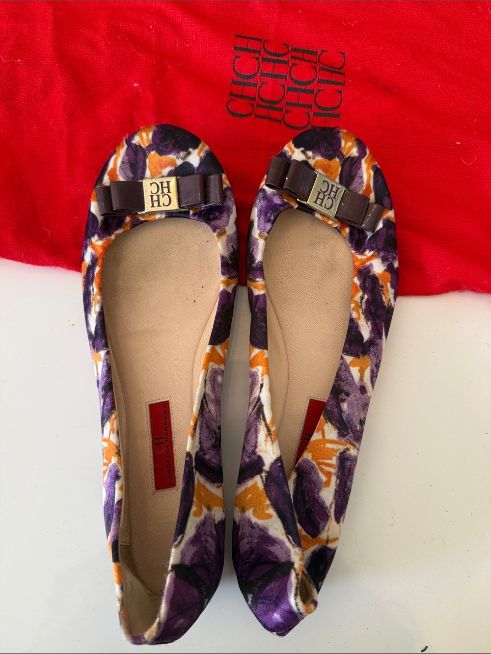 Carolina Herrera Purple and Orange Floral Velvet Ballet Flats with Logo Bow